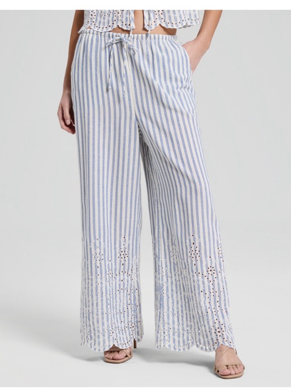 Striped Blue & White embroidered Wide-Leg Drawstring Pants